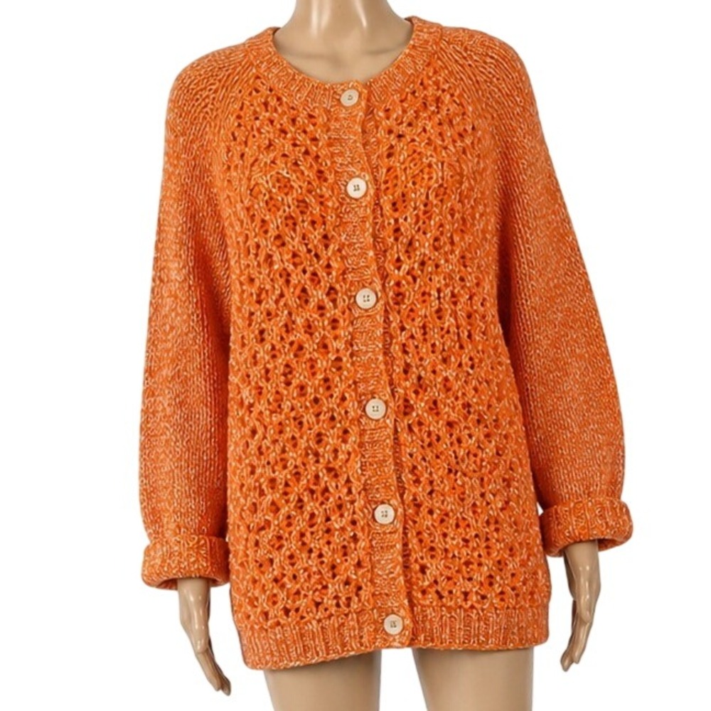 Vtg 1960s–70s Orange Italian Wool Mohair Cardigan, Hand Knit Oversized Sweater